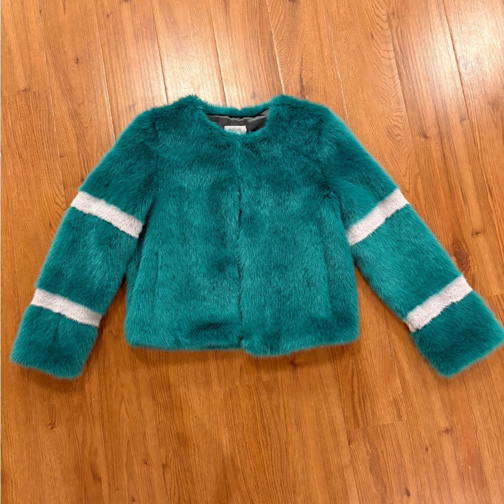 Anthropologie Teal Faux Fur Jacket with White Accents